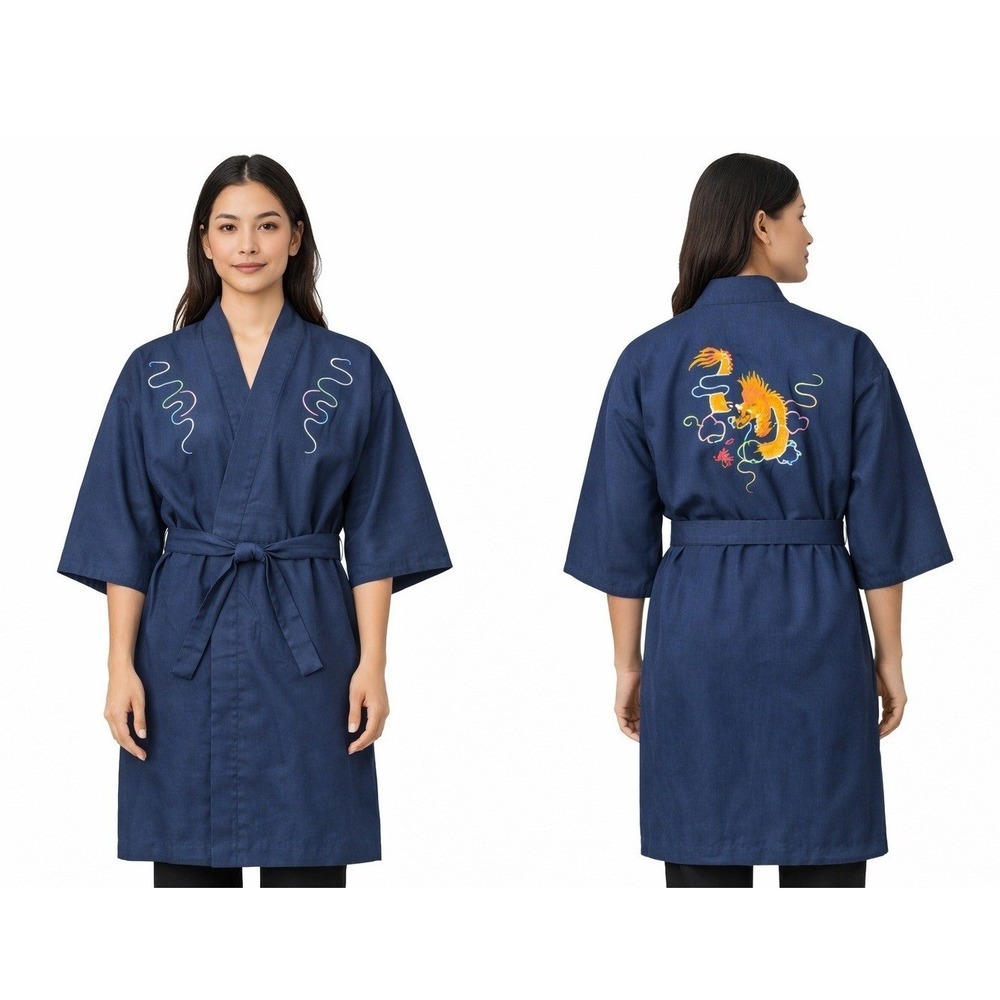 The Silk Road Asian Dragon Embroidered Kimono Robe Unisex‎ S Navy Blue Vintage
